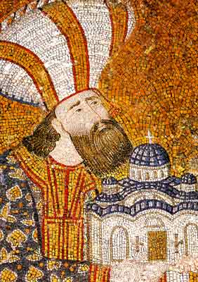 Mosaic of enthroned Christ with Theodore Metochites presenting a model of Chora Church, Istanbul (detail)