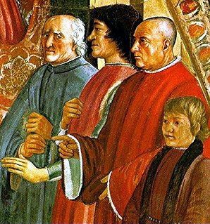 The donor Francesco Sassetti with his son on the main mural of the Sassetti Chapel, Florance